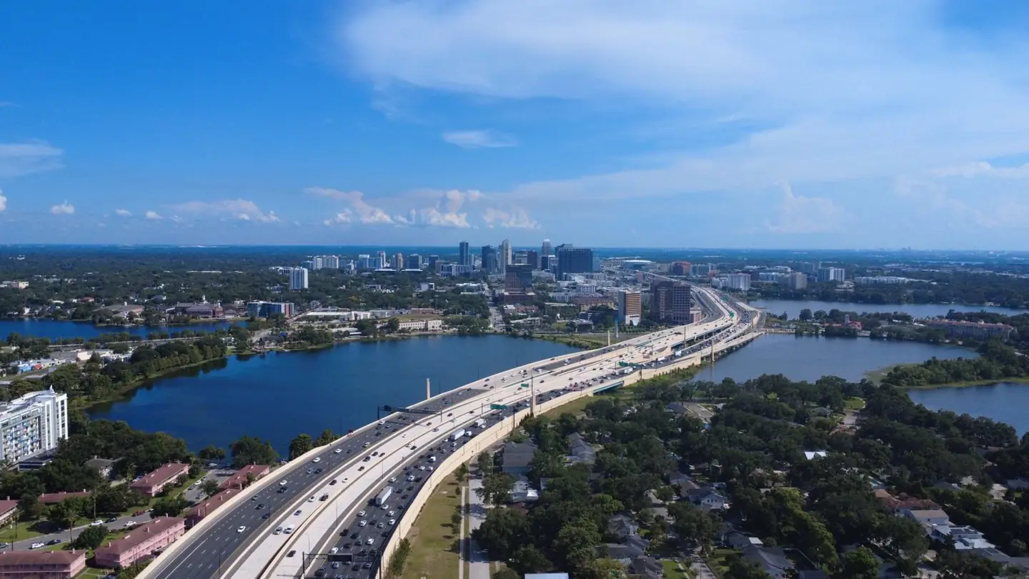 Aerial view of downtown Orlando and the I-4 corridor in Central Florida